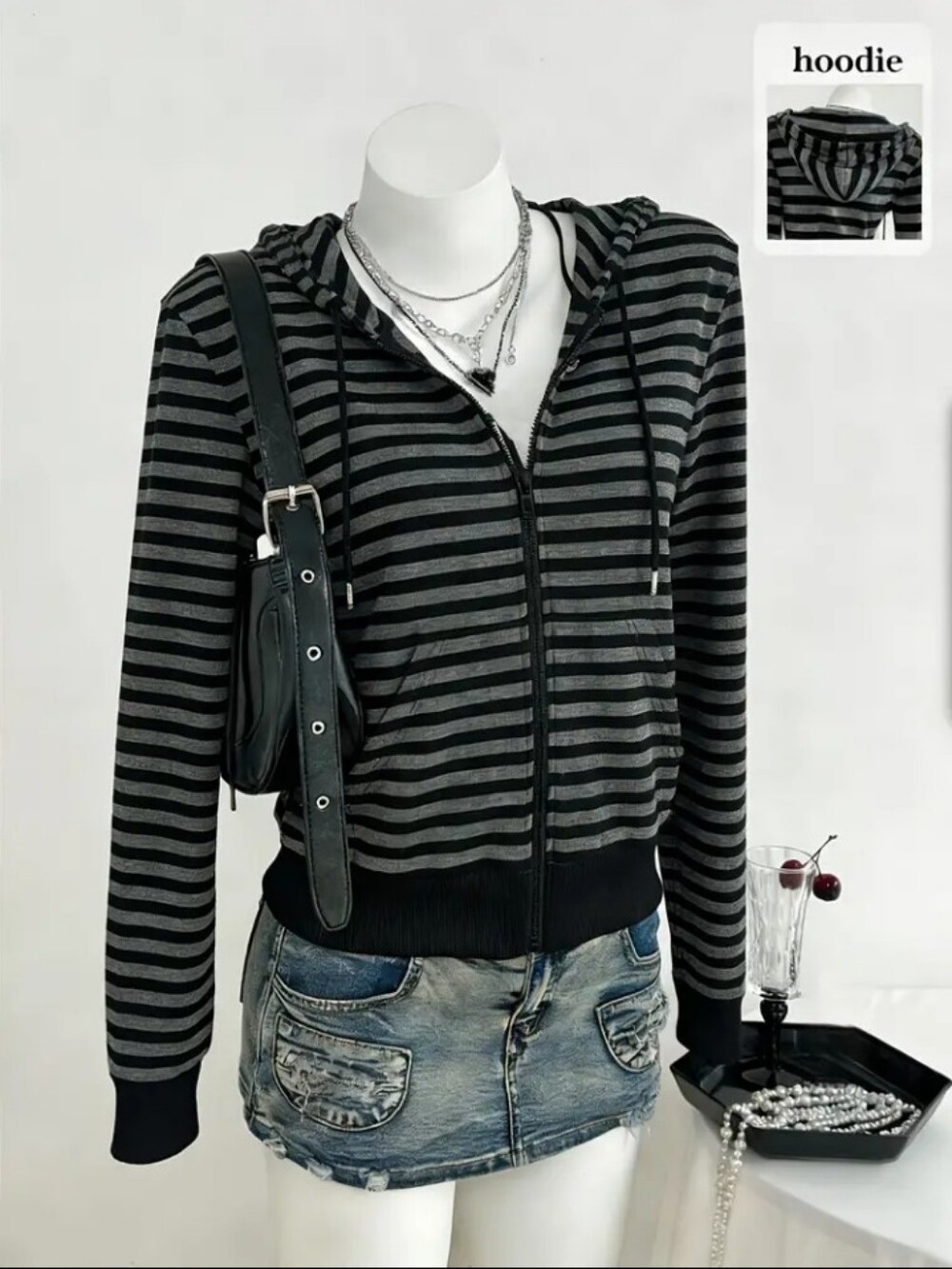 Gray And Black Striped Long Sleeve Loose Ribbed Zip-Up Sweatshirt